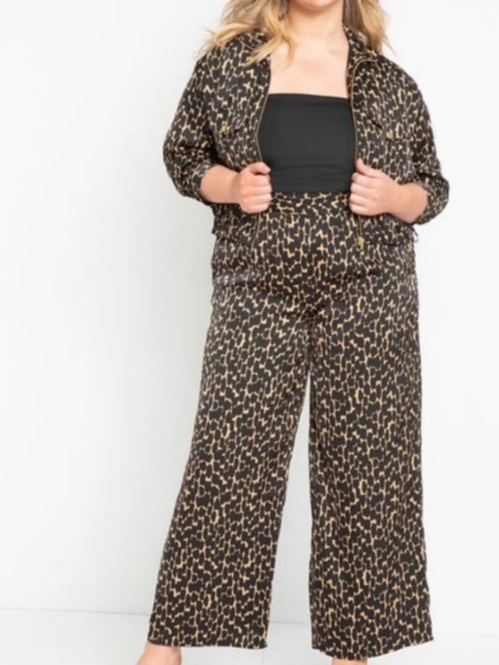 Eloquii Pull On Printed Wide Leg Pant leopard satin women's size medium